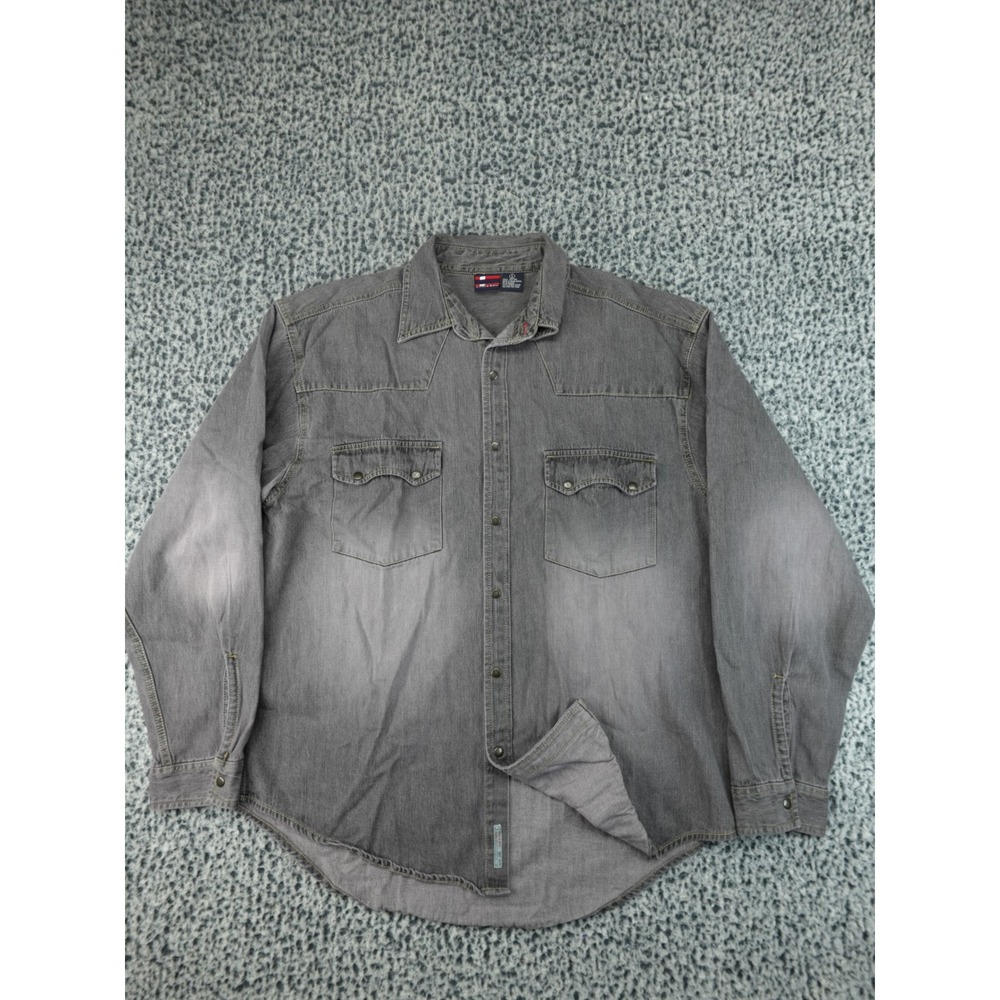 Bugle Boy Denim Shirt Mens Large Grey Good Western Snap Button Faded Long Sleeve